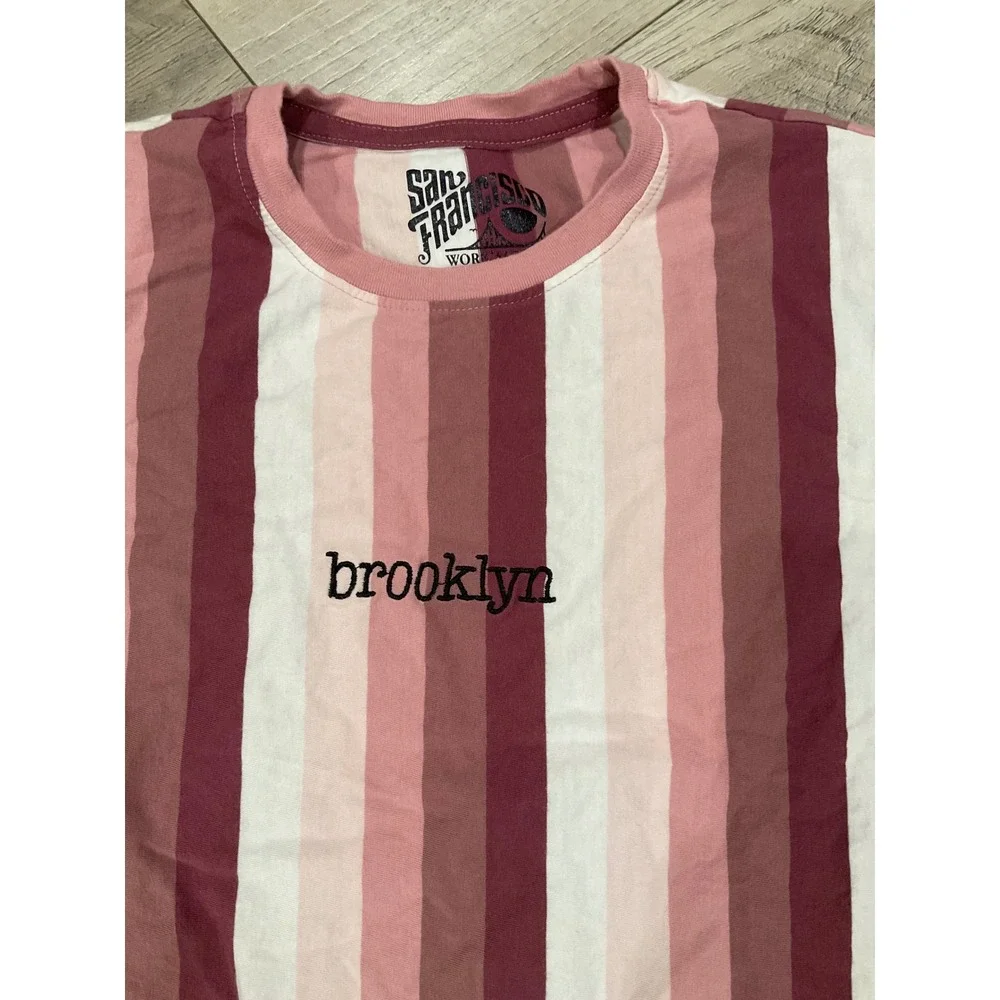 San Francisco Work Shirts Brooklyn Striped‎ T-Shirt Mens Large Pink Burgundy L